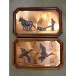Pair of copper finish panels depicting a plough scene and birds in flight