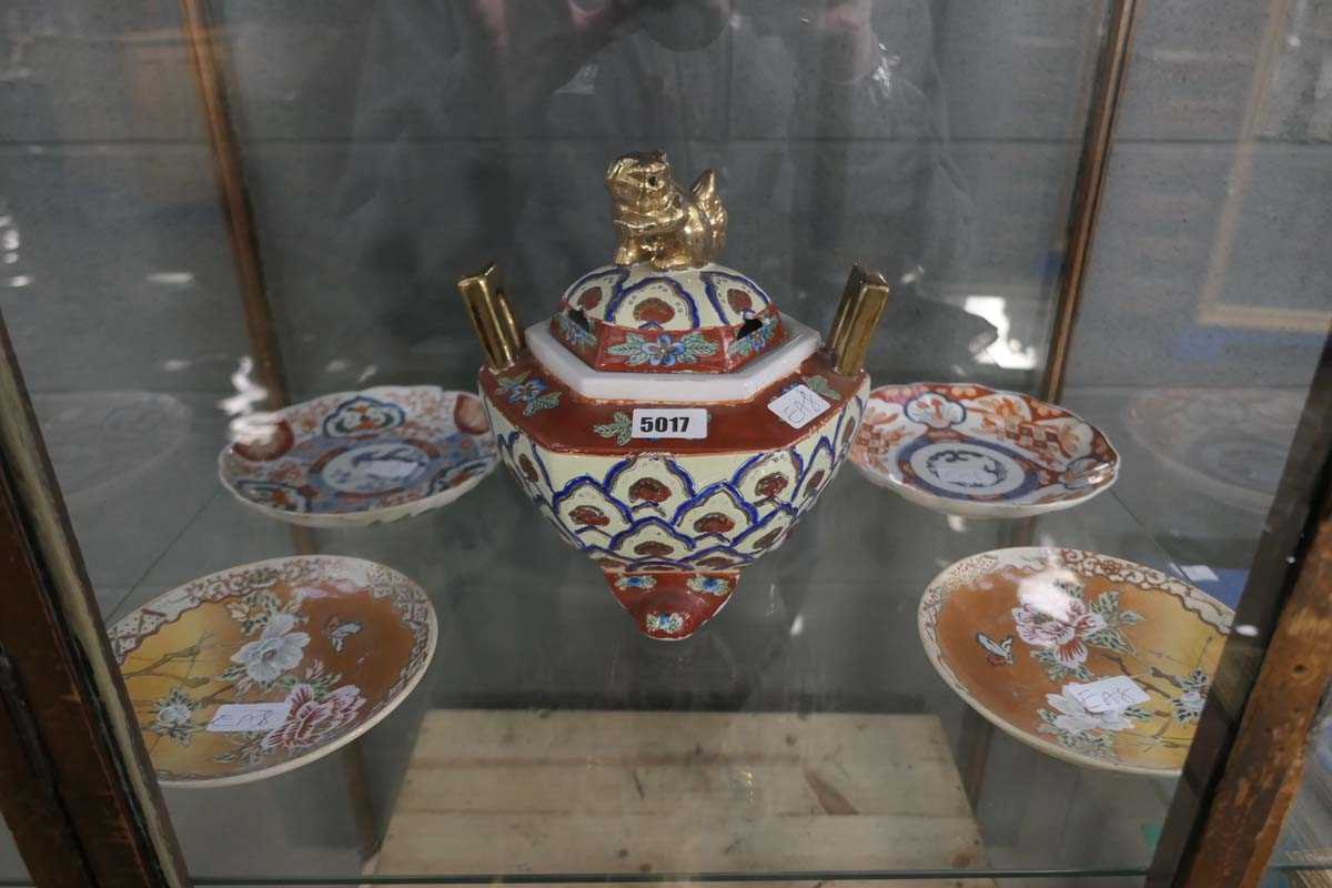 Twin handled ceramic lidded urn together with four plates