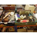 2 x boxes containing a rural print, various tins, brassware, commemorative ware, a crumb scoop,
