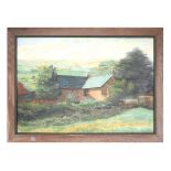 English School, 20th century,A farmstead in a rolling landscape,unsigned,oil on artists' board,44