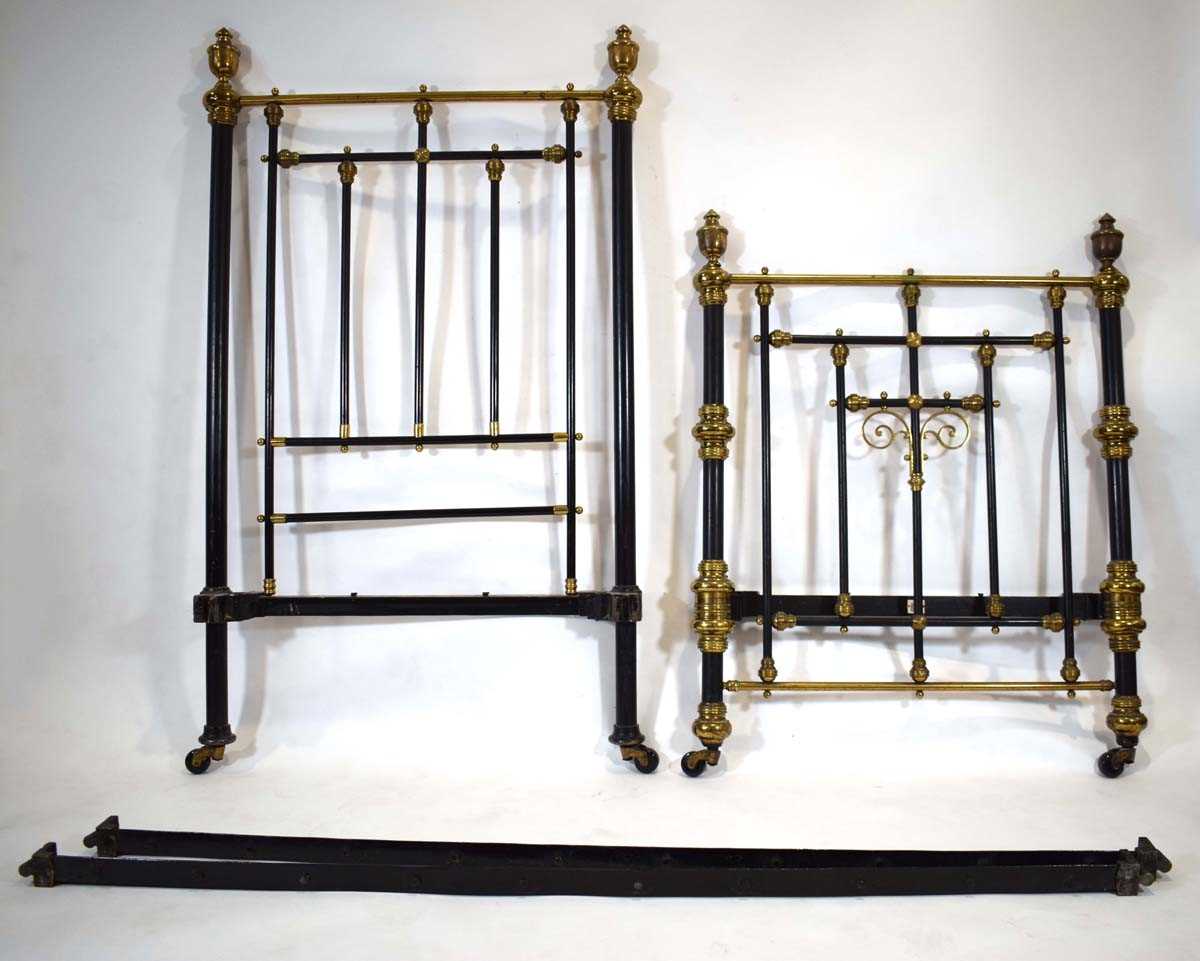 A Victorian brass and painted tole single bedstead, retailed by William & Whiteley, w. 94 cm