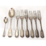 A matched set of six Georgian and later silver fiddle and thread pattern dessert forks, a silver