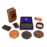 A small group of collectables including a puzzle box, a Robert Burns pot lid, a vesta case, a