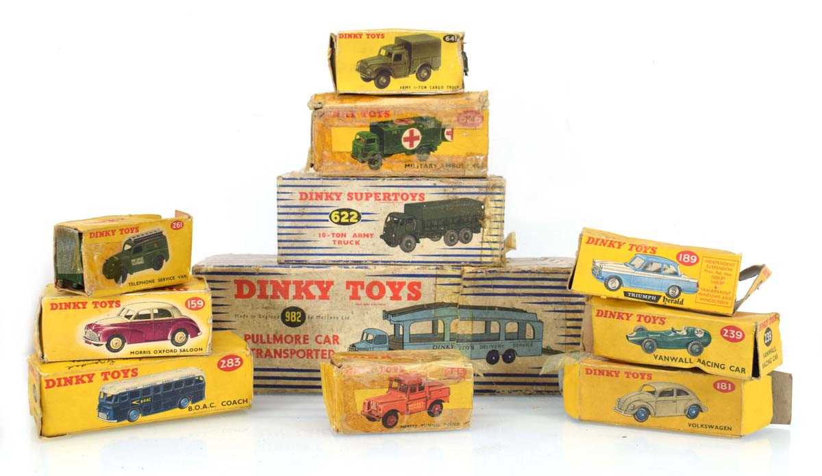 Eleven Dinky models comprising:159 Morris Oxford saloon,181 Volkswagen,189 Triumph Herald,239