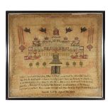 An early 19th century sampler depicting Solomon's Temple, Sarah Little aged 14, 1820, 48 x 52 cm