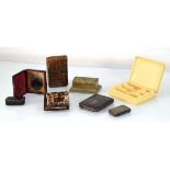 A group of collectables including a miniature cased daguerreotype, a snuff box, a stamp box etc.