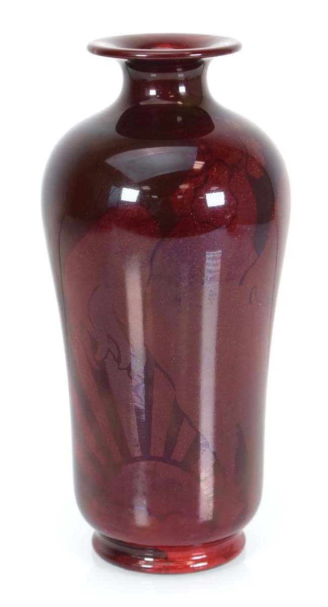 An early 20th century Bernard Moore flambe vase decorated with a cockerel and sunset, initialled