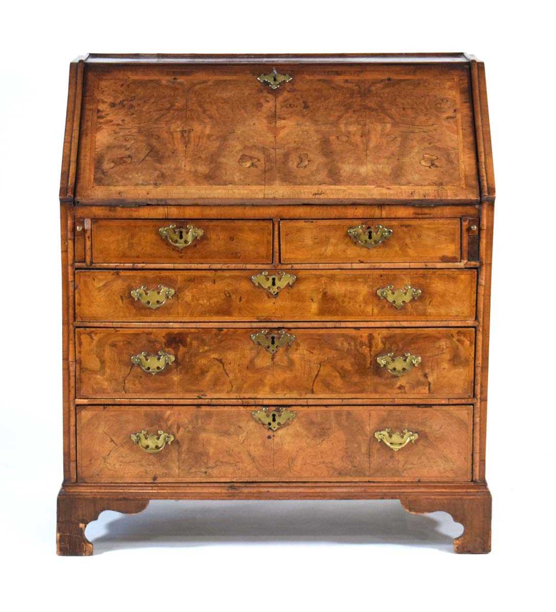 A George II walnut, feather banded and crossbanded bureau, the fall front enclosing a fitted - Bild 2 aus 19