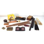 A group of collectables including a marquetry games board, hand fans, page turner, scent bottle