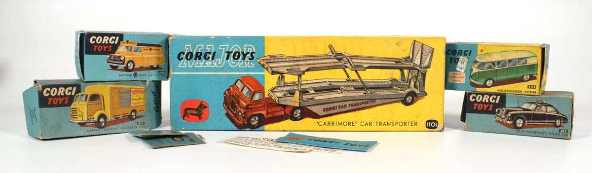 Five Corgi models comprising:209 Riley Pathfinder Police car,408 Bedford Road service van,411