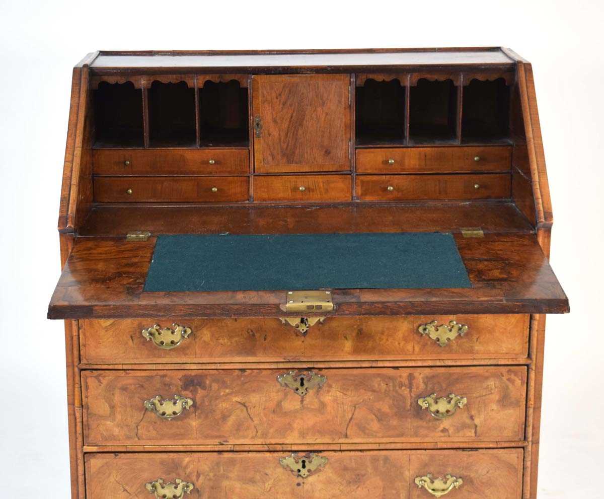 A George II walnut, feather banded and crossbanded bureau, the fall front enclosing a fitted - Bild 5 aus 19