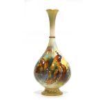 A Royal Worcester ivory blush bottle vase decorated with a pair of peacocks, signed E J Bray, h.