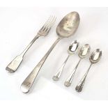 A George III silver table spoon, maker WE, London 1810, together with a silver dessert fork and