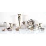 A mixed group of silver and metalware comprising a mantel timepiece, Chester hallmarks, h. 12.5