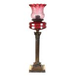 A Victorian brass oil lamp with a Corinthian shaft and pink etched glass shadeMetalwork and fitments