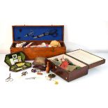 A group of sewing related collectables including a rosewood box, a silver and mother-of-pearl