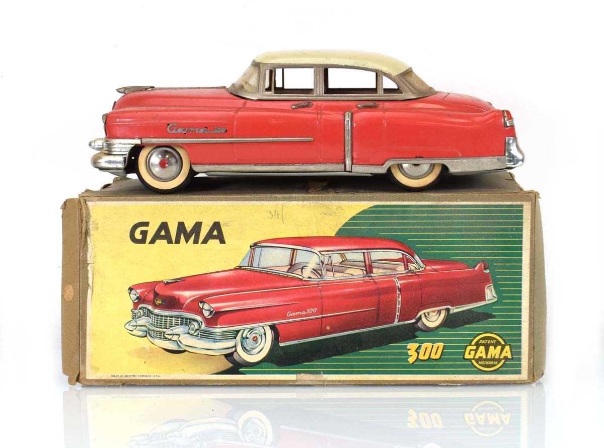 A West German Gama 300 friction driven American style tinplate car, boxedPlayworn