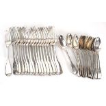 A suite of George III fiddle pattern silver flatware comprising:12 x table spoons,18 x dessert