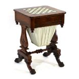 A 19th century rosewood games table, the chess surface over two drawers, on lyre-shaped supports