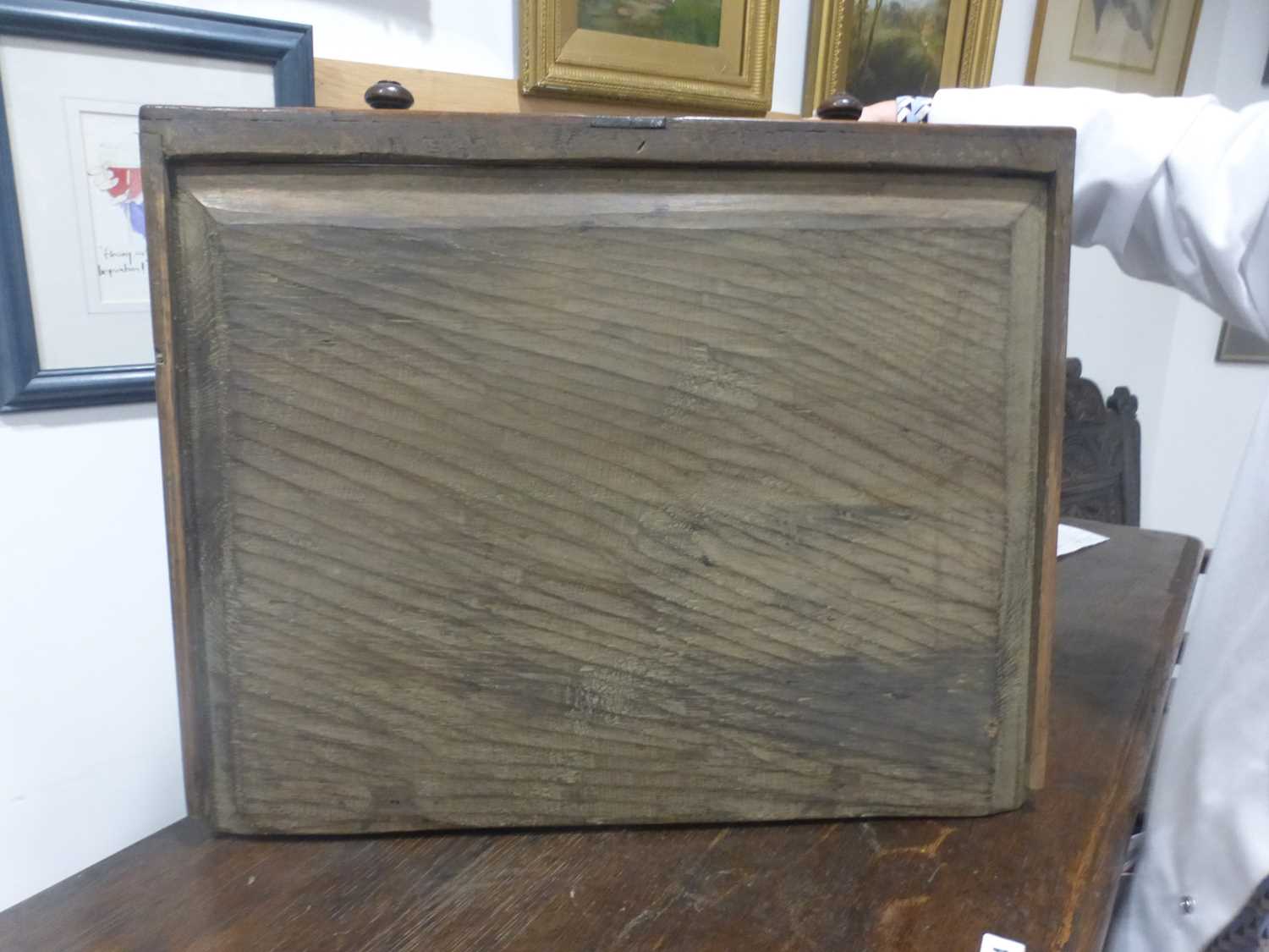 An oak dresser base incorporating 17th century elements, the central carved panelled door flanked by - Bild 15 aus 24