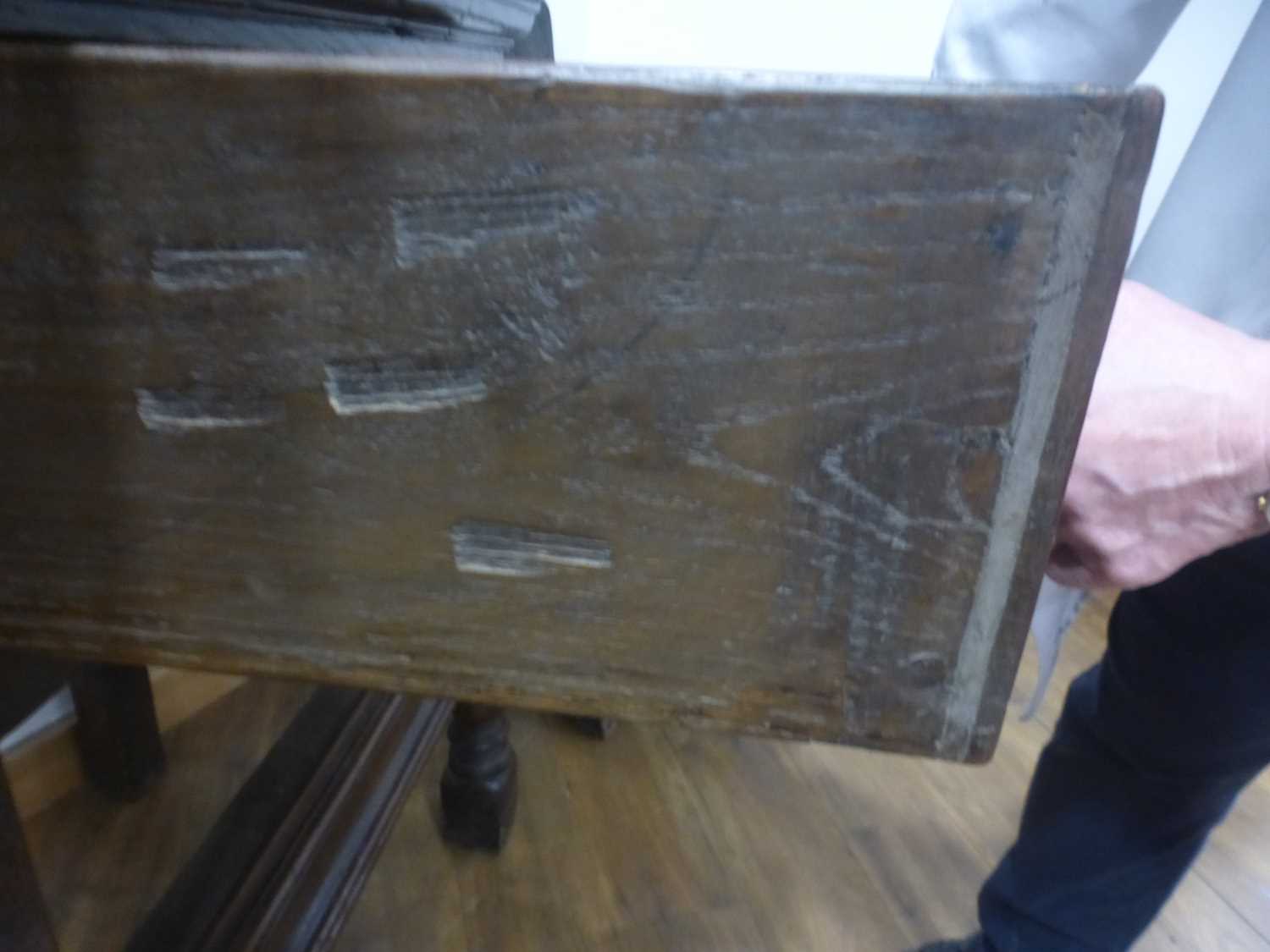 An oak dresser base incorporating 17th century elements, the central carved panelled door flanked by - Bild 17 aus 24