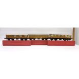 Three Hornby O gauge corridor and passenger coaches, teak livery, all boxed (3)