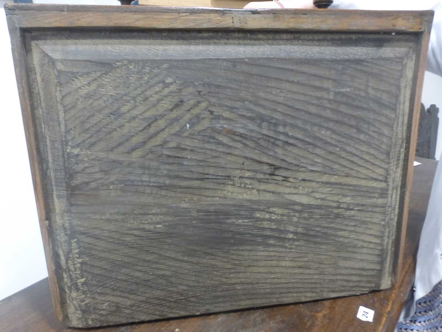 An oak dresser base incorporating 17th century elements, the central carved panelled door flanked by - Bild 13 aus 24