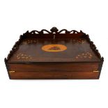 A 19th century walnut, rosewood and marquetry writing slope with a fretwork gallery, inset with a