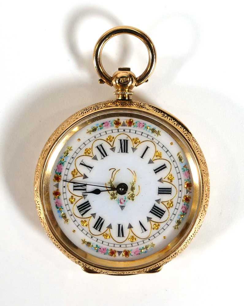 An 18ct yellow gold fob watch, the white enamelled dial with black Roman numerals and gilt floral