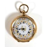 An 18ct yellow gold fob watch, the white enamelled dial with black Roman numerals and gilt floral