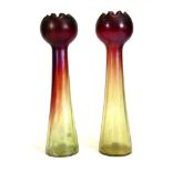 A pair of Rindskopf Pepita iridescent red-green shaded glass hyacinth vases, h. 34 cm (2)
