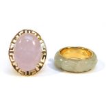 Two 14ct yellow gold rings set pale green and purple hardstone, ring sizes L and L 1/2, overall 10.8