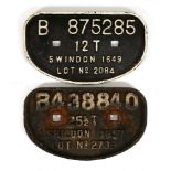Two cast iron wagon plates for Swindon 1649 and Shildon 1957