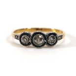 An 18ct yellow gold ring set three diamond and sapphire set clusters,ring size S,3.2 gms (af)