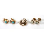 A pair of yellow metal ear studs set opal and seed pearl, d. 8 mm, a further pair of earrings set