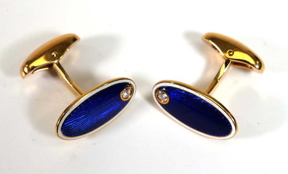 A pair of Faberge 18ct yellow gold cufflink's of oval form, each set a small diamond and decorated - Bild 4 aus 6