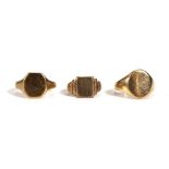 Three 9ct yellow gold signet rings, various sizes, overall 12.8 gms (3)