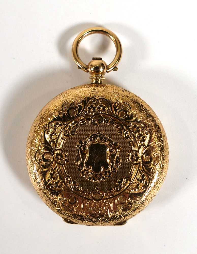 An 18ct yellow gold fob watch, the white enamelled dial with black Roman numerals and gilt floral - Image 2 of 3