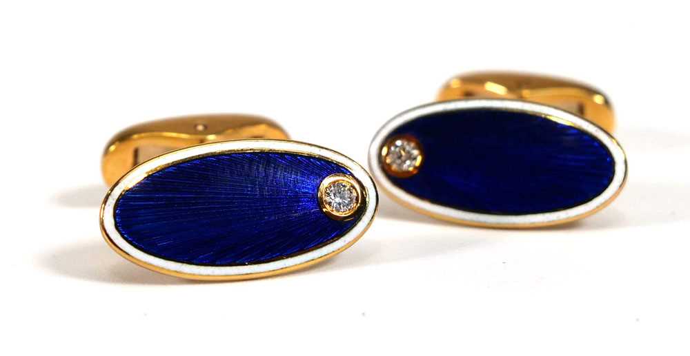 A pair of Faberge 18ct yellow gold cufflink's of oval form, each set a small diamond and decorated - Bild 3 aus 6