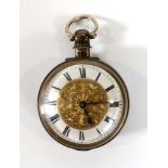 A silver pair cased pocket watch, the white enamelled chapter ring with black Roman numerals with