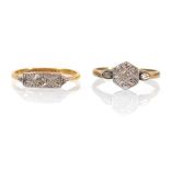 An early 20th century 18ct yellow gold ring set small diamonds, 2.3 gms and a similar 9ct ring, 1.