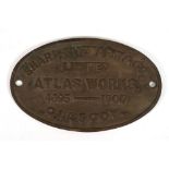 A brass locomotive worksplate for Sharp, Stewart & Co Limited Atlas Works 4695-1900, Glasgow, 15 x