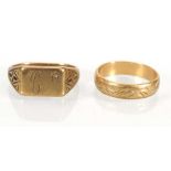 A 9ct yellow gold signet ring set small diamond and a 9ct yellow gold engraved band ring, both