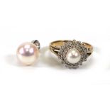 A 9ct yellow gold cluster ring set cultured pearl within a border of small diamonds, ring size K,