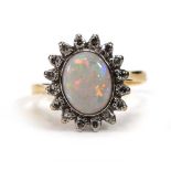 An 18ct yellow gold cluster ring set oval opal within a border of sixteen small diamonds,ring size