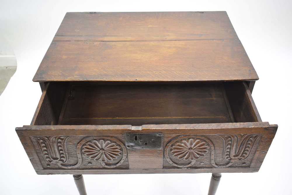 A 17th century and later oak Bible box-on-stand, the carved front converted to a drawer, on turned - Bild 5 aus 6