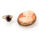 A 9ct yellow gold garnet cluster ring, ring size Q and a 9ct yellow gold mounted cameo brooch, l.