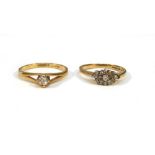A 9ct yellow gold ring set small diamond in a four claw setting, ring size N, together with a