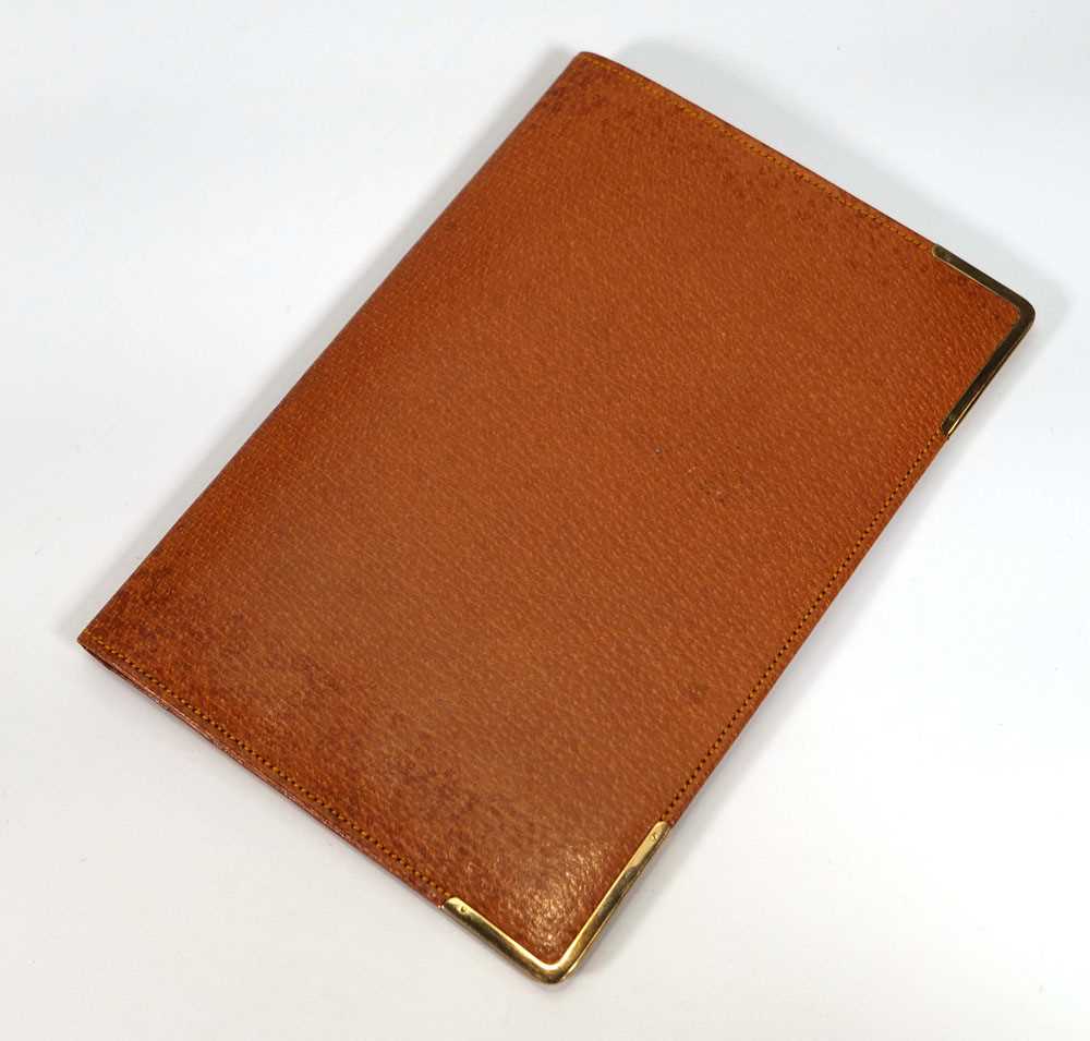 An Asprey tan leather and watered silk wallet with 9ct yellow gold mounts, l. 16.5 cm