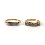 Two yellow metal rings, each set small diamonds in illusion settings, various sizes, overall 4.6 gms